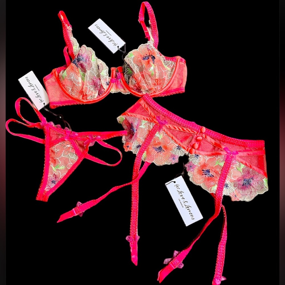 NWT Love & Lemons Magenta lingerie Set!💖 36B Bra, Small Garter and XS thong💜